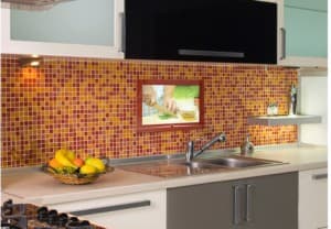 tv mounted in a kitchen